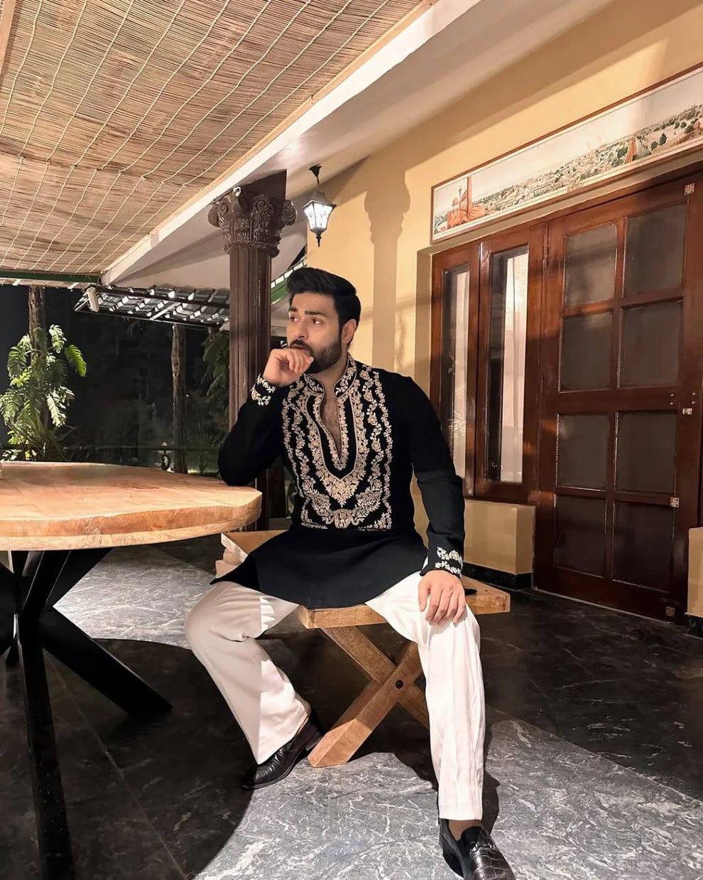 EID SPECIAL BLACK STYLISH NECK PATTERN EMBROIDERED WORK KURTA WITH PAJAMA FOR MENS