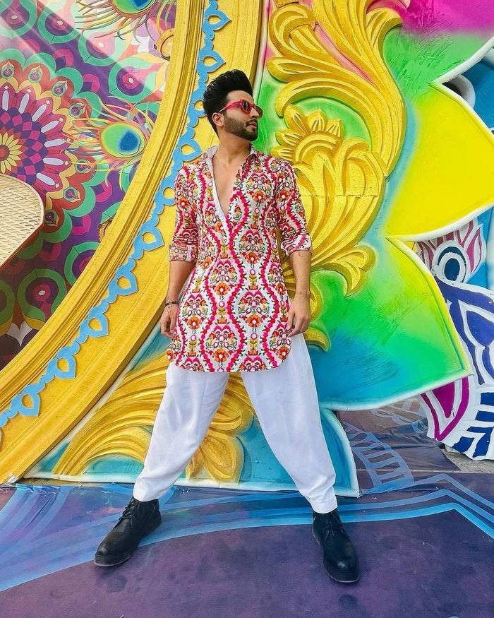 RED AND WHITE PRINTED KURTA PAJAMA SET FOR MEN'S