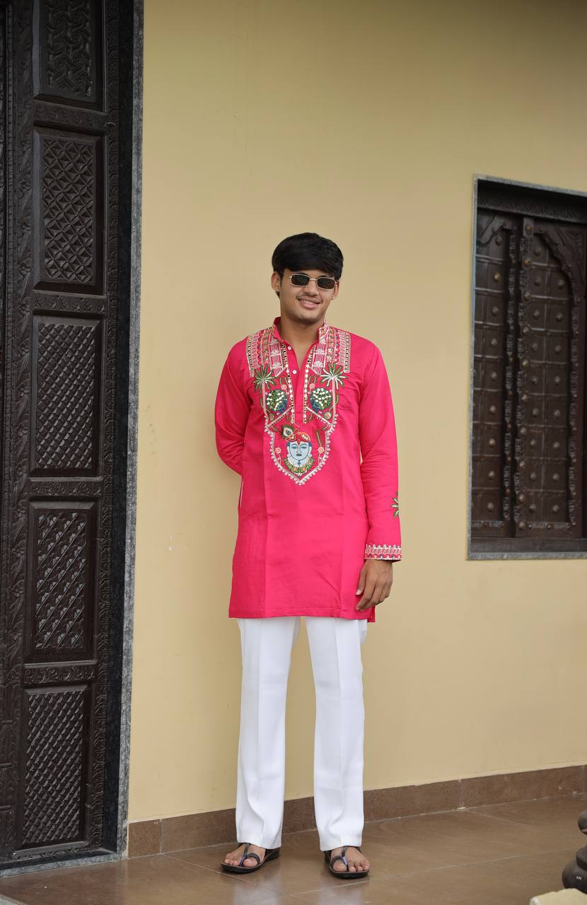 Shrinathji Motifs &amp; Peacock Mirror Embroidered Festive Kurta