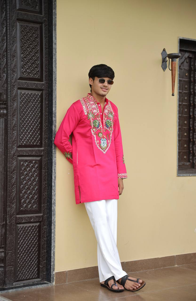 Shrinathji Motifs &amp; Peacock Mirror Embroidered Festive Kurta