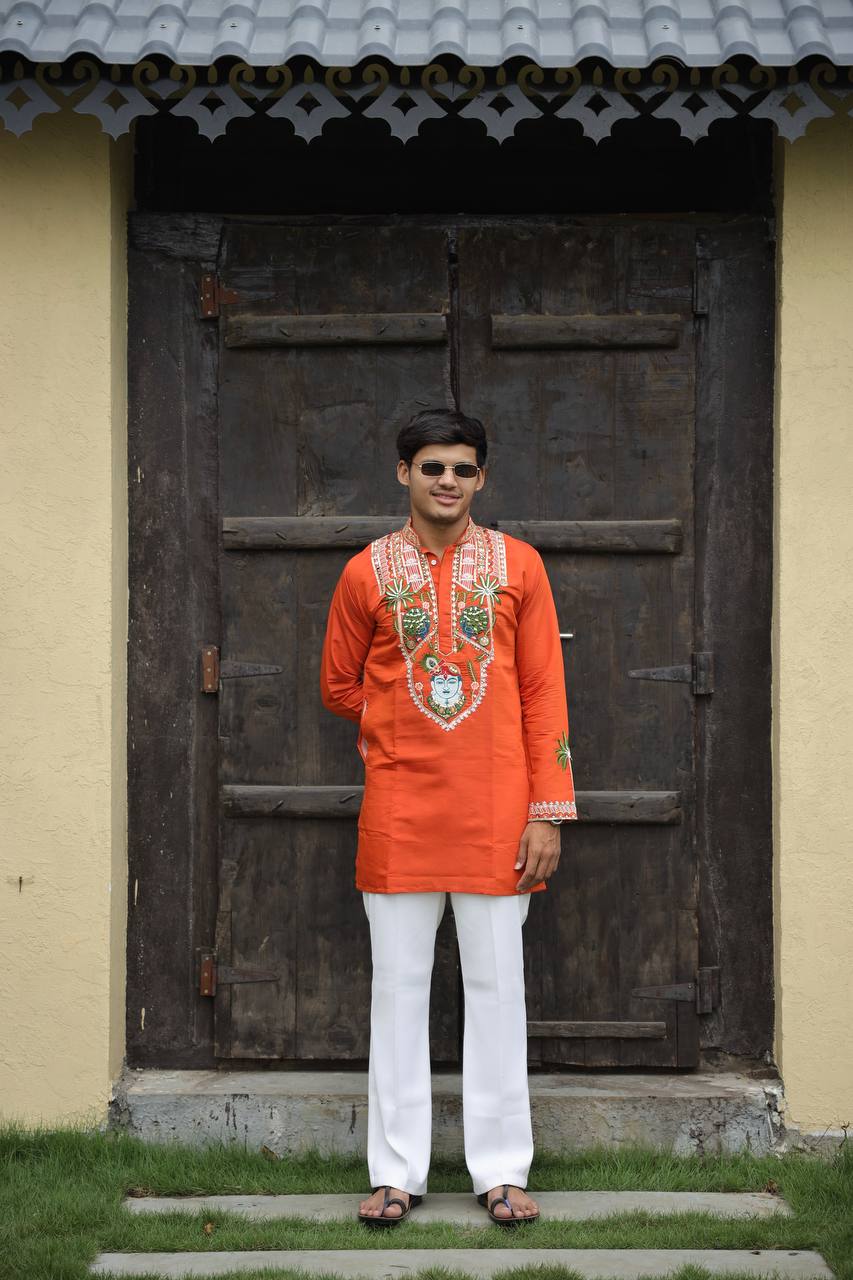 Shrinathji Motifs &amp; Peacock Mirror Embroidered Festive Kurta