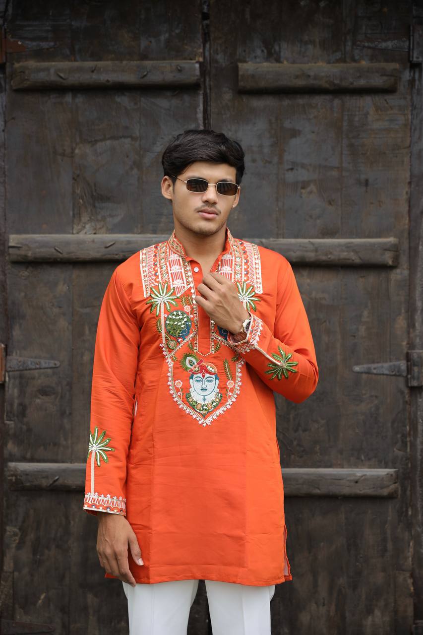 Shrinathji Motifs &amp; Peacock Mirror Embroidered Festive Kurta