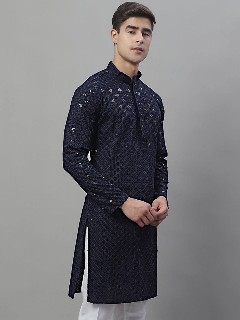 Navy Blue Schiffli Embroidered Work Men's Kurta with Pajama