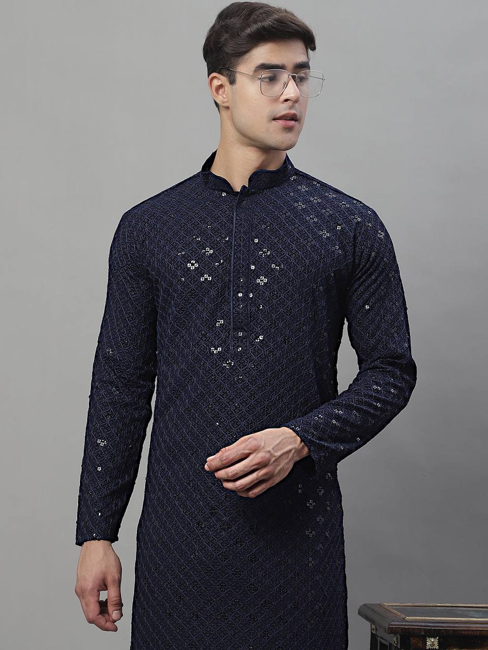 Navy Blue Schiffli Embroidered Work Men's Kurta with Pajama
