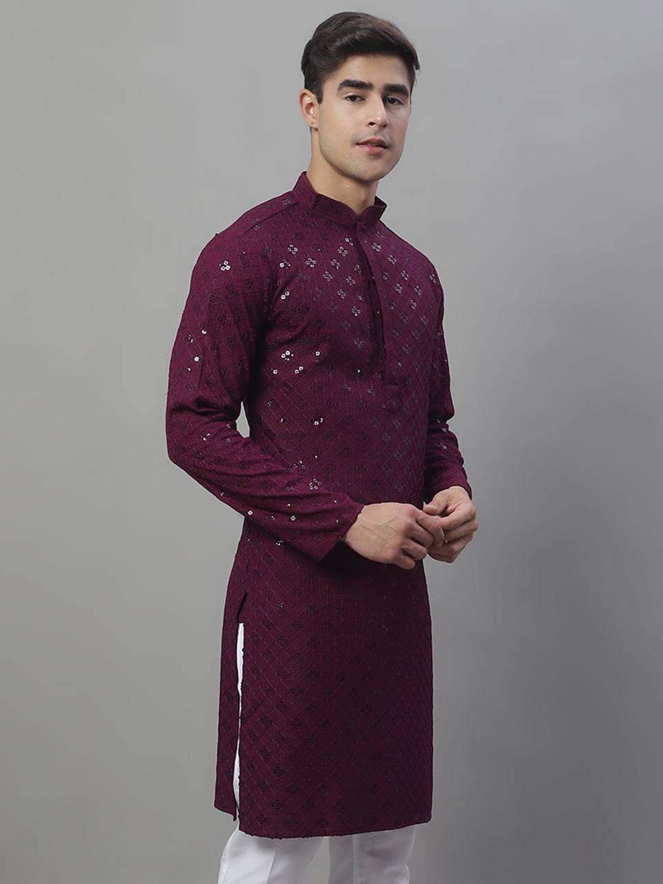 The Wine Schiffli Embroidered Work Men's Kurta with Pajama