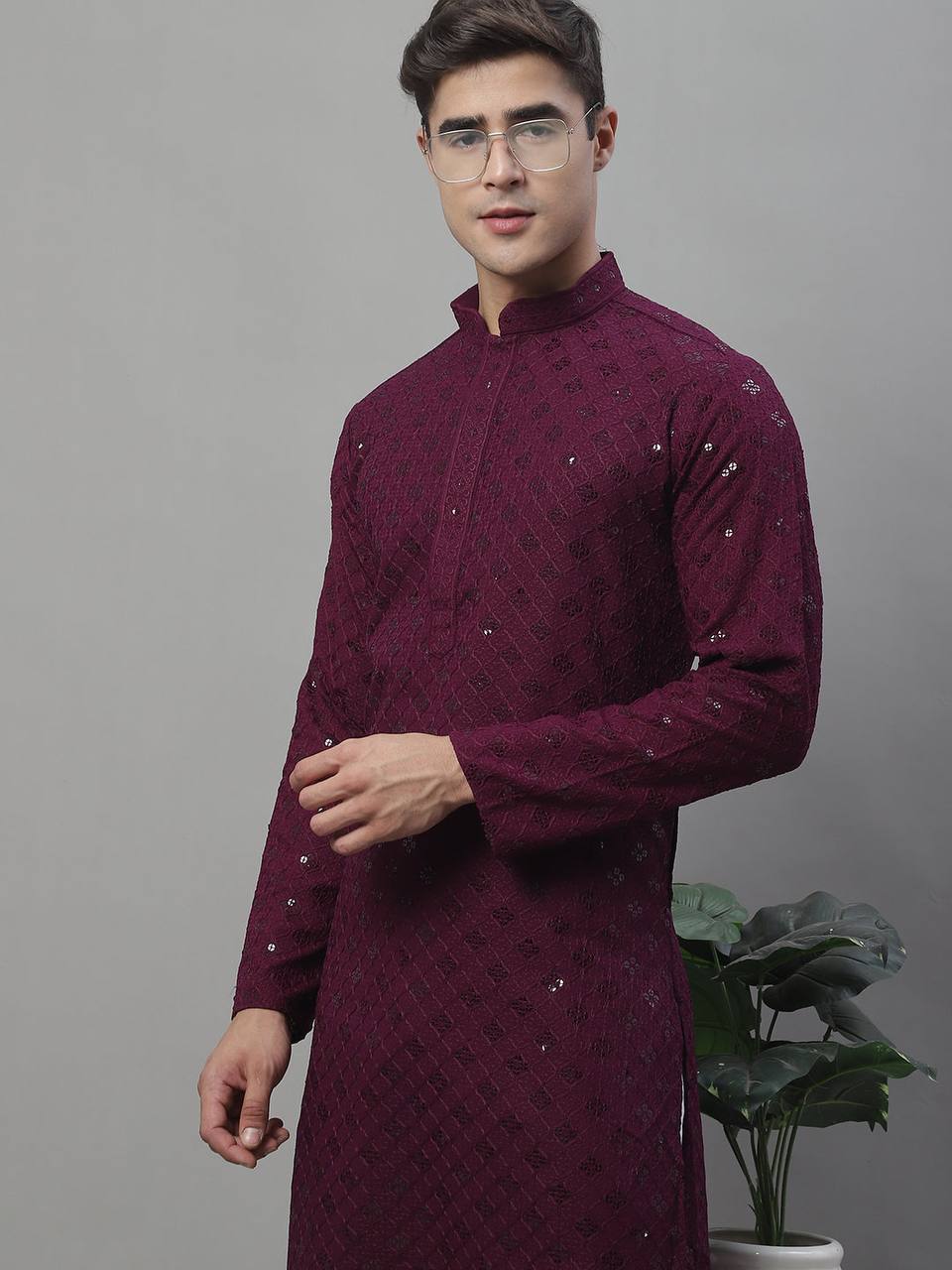 The Wine Schiffli Embroidered Work Men's Kurta with Pajama