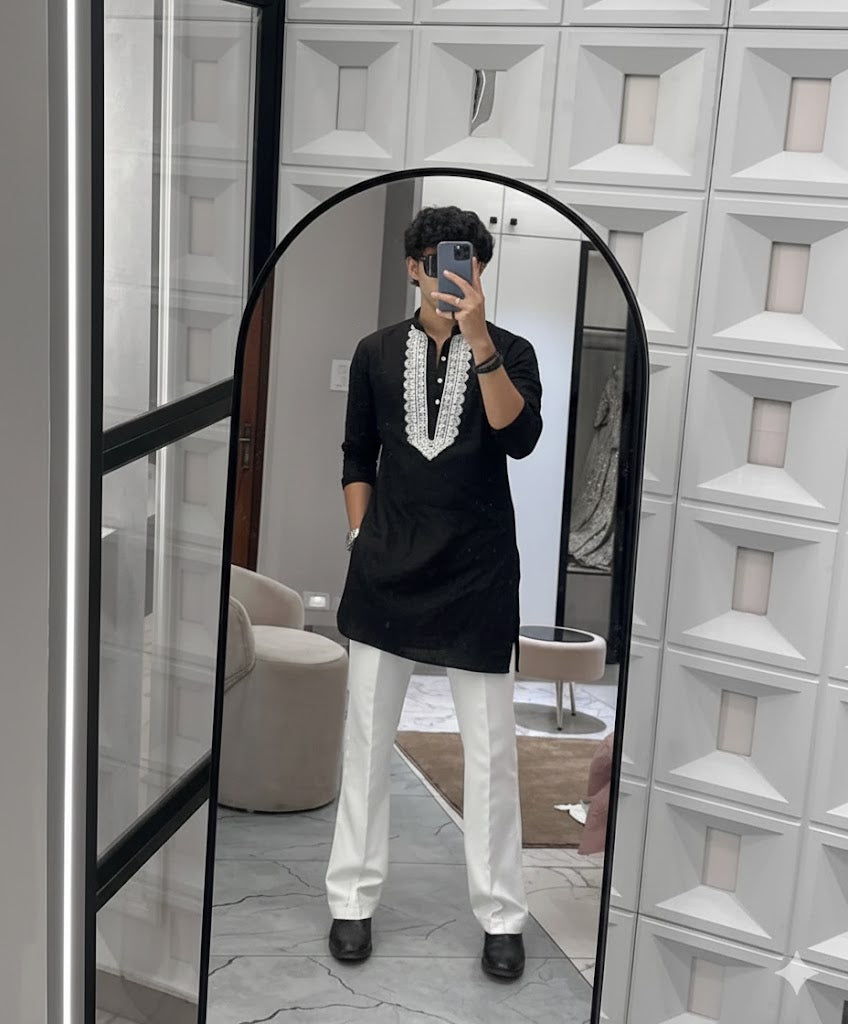 BLACK V NECK EMBROIDERED THRED KURTA WITH PAJAMA